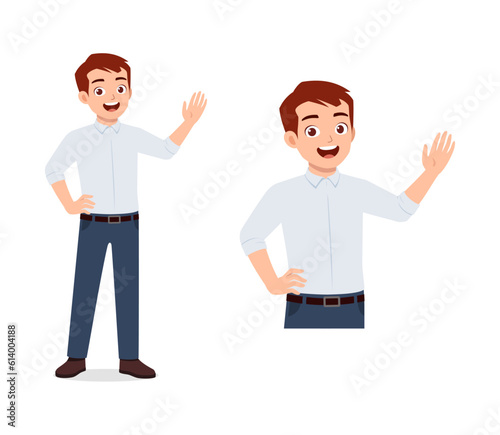 happy man smile and waving hand to greet