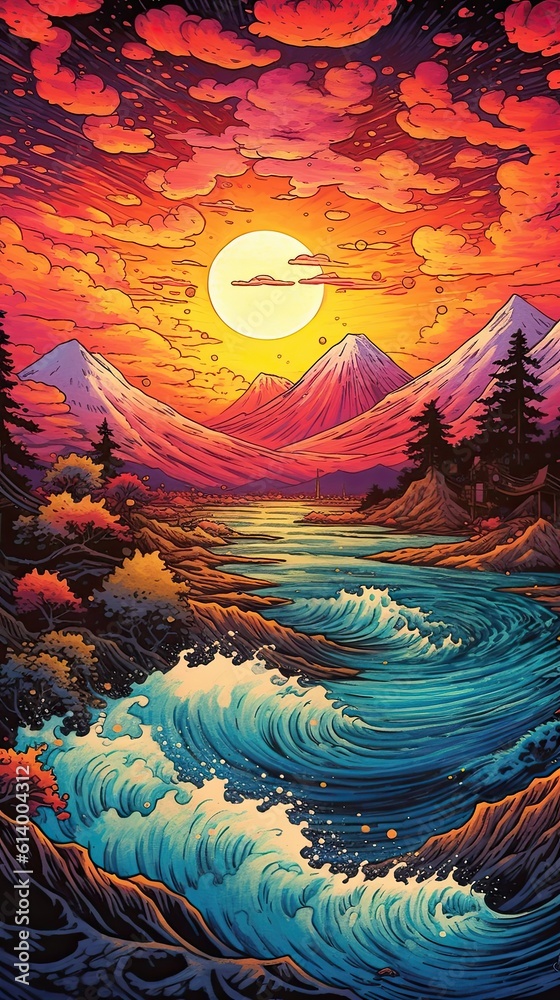 Sunset on the sea. AI generated art illustration.