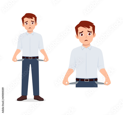 man broke and show empty pocket in his pant