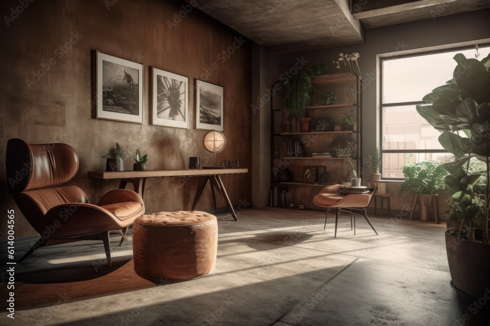 Style loft interior with leather armchair. AI generated, human enhanced Style loft interior with leather armchair. AI generated, human enhanced