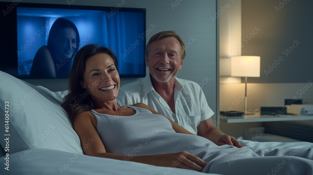 mature adult woman and man, in bed, pillow, couple or spouse, bedroom mature adult woman and man, in bed, pillow, couple or spouse, bedroom