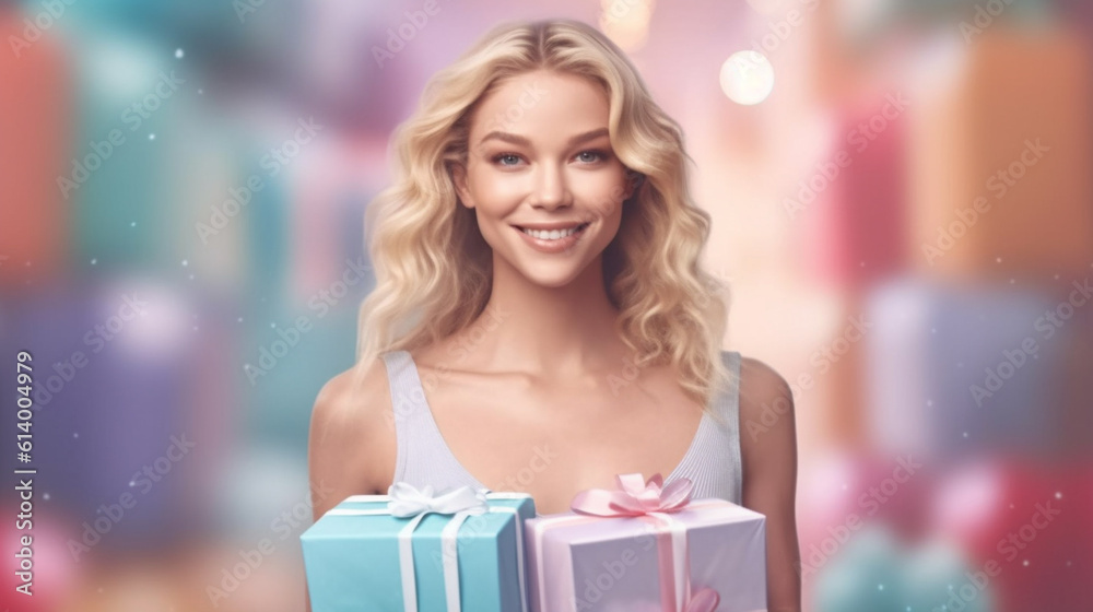 young adult woman, holds a gift, festive, anticipation and curiosity