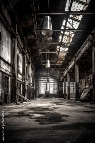 Abandoned old factory interior, industrial, dirty, vertical. Generative AI