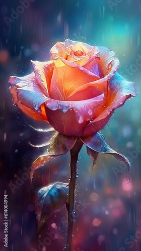 Red rose on blue sky. AI generated art illustration.