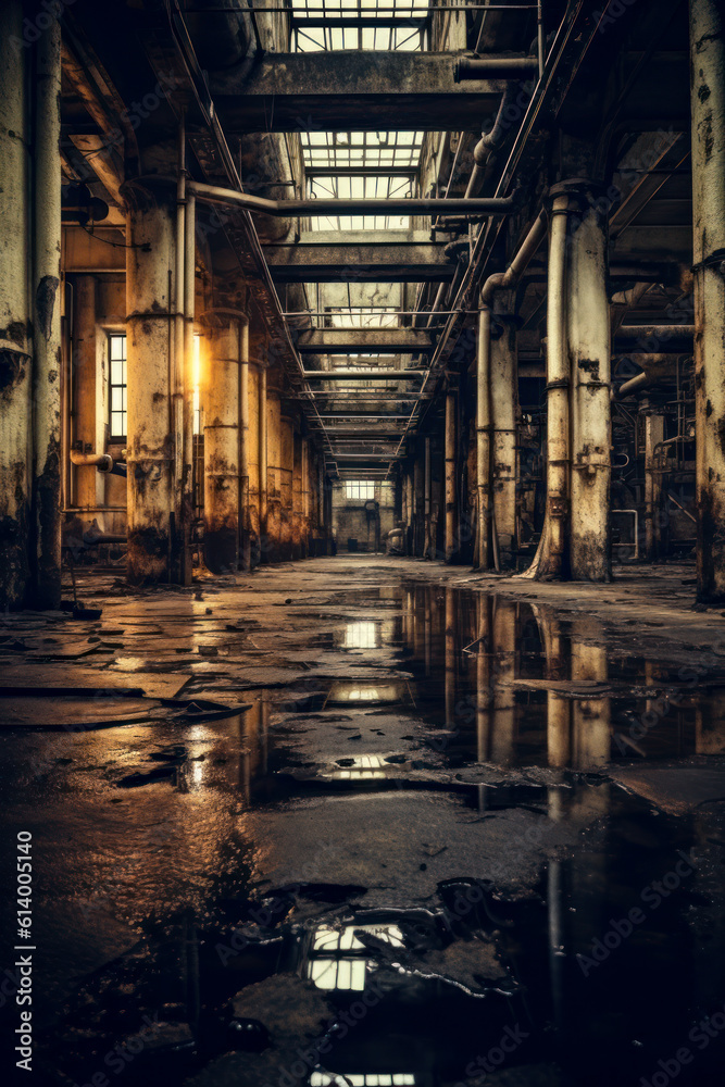 Abandoned old factory interior, industrial, dirty, vertical. Generative AI
