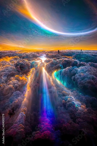 Sunrise over the ocean. AI generated art illustration.