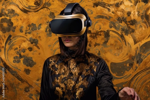 Modern woman in a black futuristic costume with golden elements in virtual reality glasses on a golden background AI Generative AI