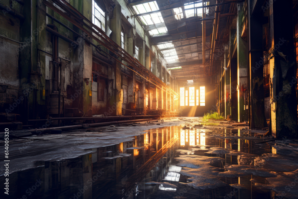 Abandoned old factory interior, industrial, dirty. Generative AI