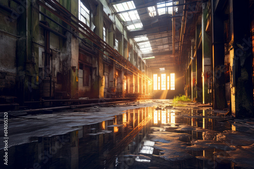 Abandoned old factory interior  industrial  dirty. Generative AI