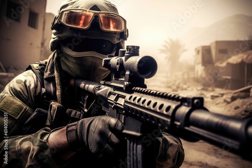 Special forces soldier holding a gun. Private army mercenary. 