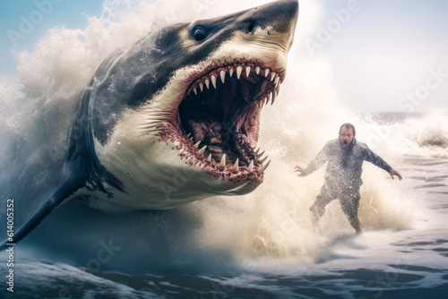 Great white shark attacking a man on the beach. Generative AI