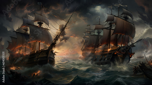 Two wooden sailing ships trade cannon fire as they battle on the rough high seas, Generative AI