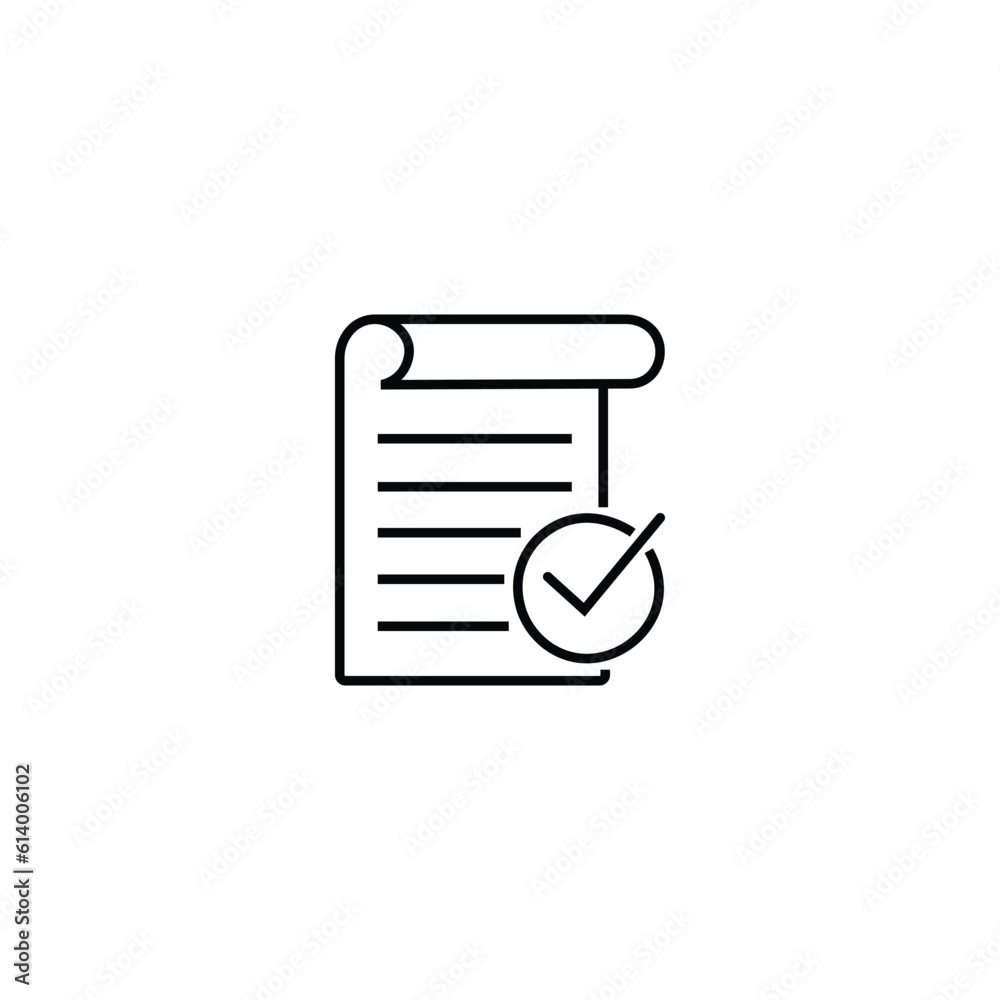 A prescription with a check mark. Document with Rules. Vector Linear Icon Isolated on White Background. A prescription with a check mark. Document with Rules. Vector Linear Icon Isolated on White Background.