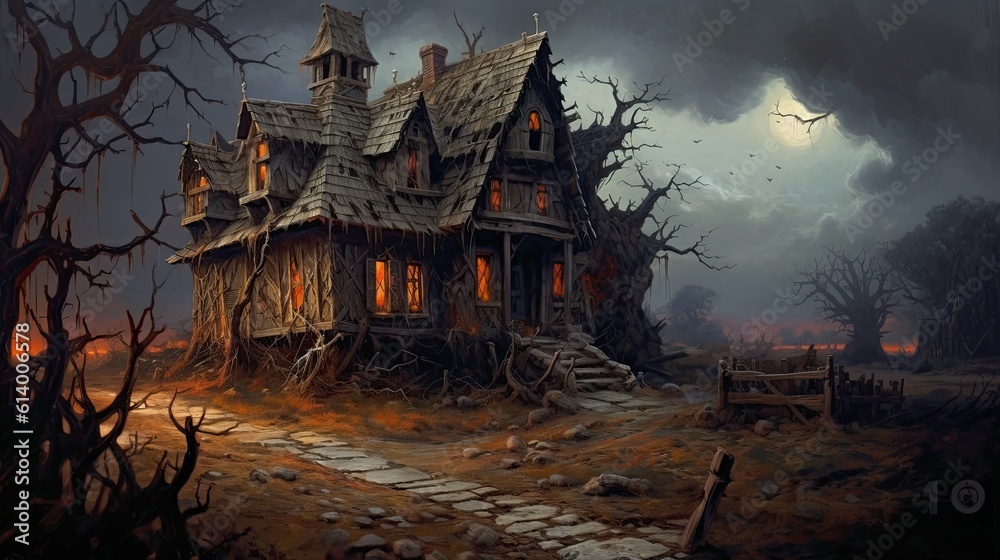 Obraz premium Scary house in the woods. AI generated art illustration. 