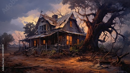 Scary house in the woods. AI generated art illustration. 