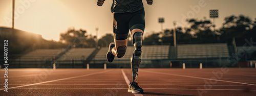 A man with prosthetic leg running, poster with copy space - Fictional Person, Generative AI photo