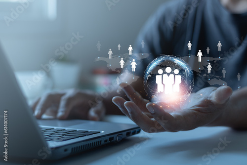 Businessman showing virtual graphic global network human icon. HR human resources recruitment team staff management concept. Business leadership, recruitment, Social network. Different people.