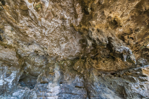 Close-up view of rock texture wall of Quadirikiri Caves on island of Aruba in National Park Arikok.