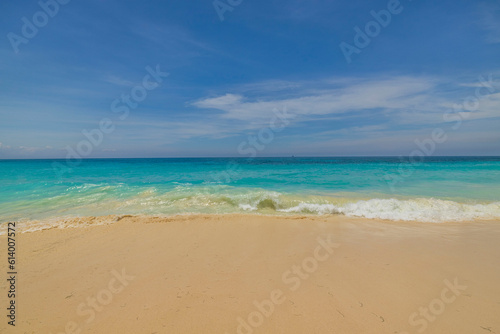 Beautiful nature view of coastline with turquoise waves incoming on sandy beach Atlantic Ocean. Aruba.