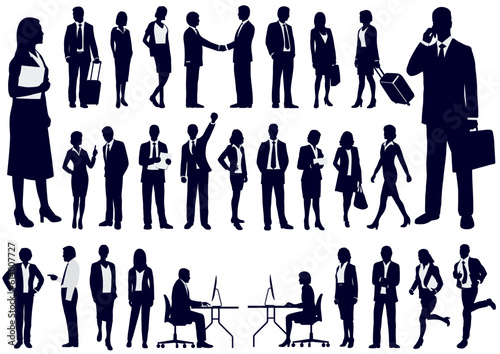 Fototapeta Set of business people silhouette, man and woman team, isolated on white background