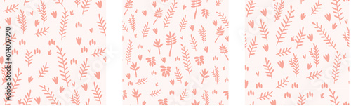 Vector illustration. Seamless pattern on the theme of plants. Big set of leaves, petals and twigs. Summer fabric.