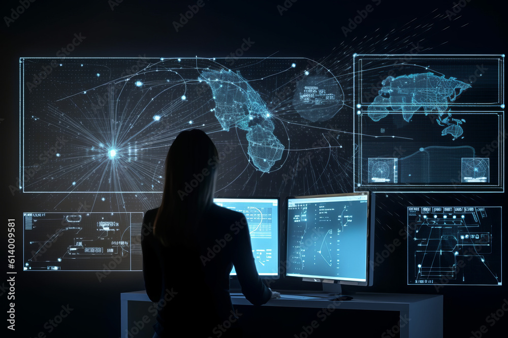 A Female IT Engineer and Cyber Security Specialist Working in Monitoring Room. She Works with Multiple Displays. Generated AI. A Female IT Engineer and Cyber Security Specialist Working in Monitoring Room. She Works with Multiple Displays. Generated AI.