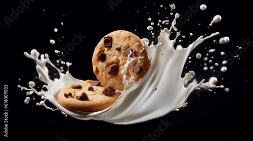 Flying milk splash with chocolate chip cookies, panoramic ai art for cafe, realistic, high speed action