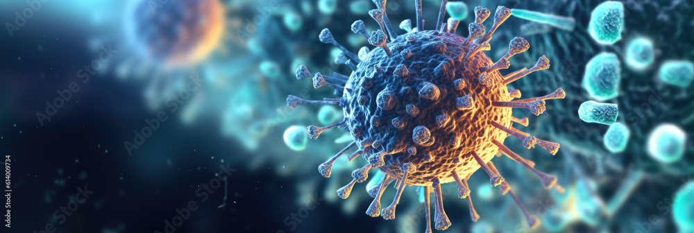 Panoramic view of an abstract representation of a virus with spiky projections, shown in microscopic detail against a soft background Panoramic view of an abstract representation of a virus with spiky projections, shown in microscopic detail against a soft background