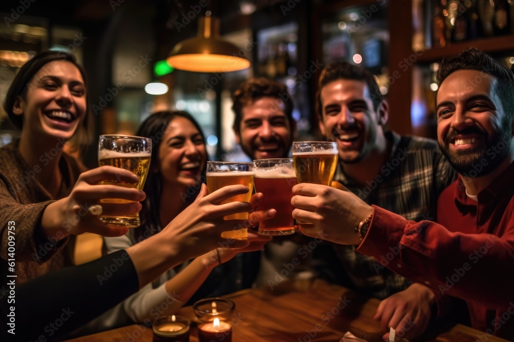 A group of friends toasting and celebrating with their beers in a vibrant, well - lit bar. Generative AI