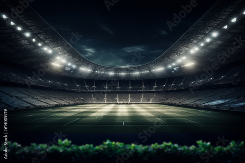 Soccer stadium with green grass, illumination lights and dramatic night sky. Created using AI tools.