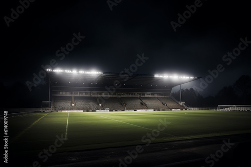 Soccer stadium with green grass, illumination lights and dramatic night sky. Created using AI tools.