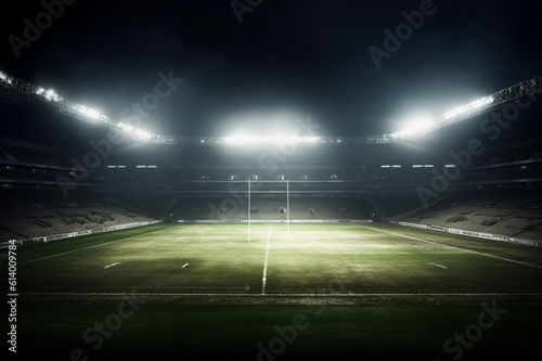 American football stadium with green grass, illumination lights and dramatic night sky photo