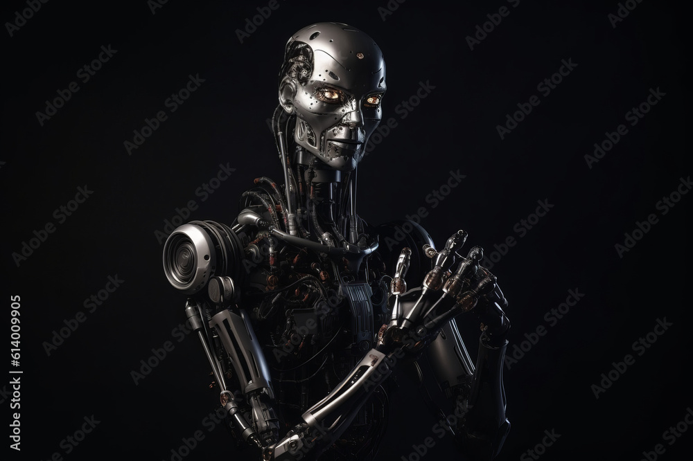 Photorealistic portrait of a humanoid cyborg robot on dark background. Generative AI illustration
