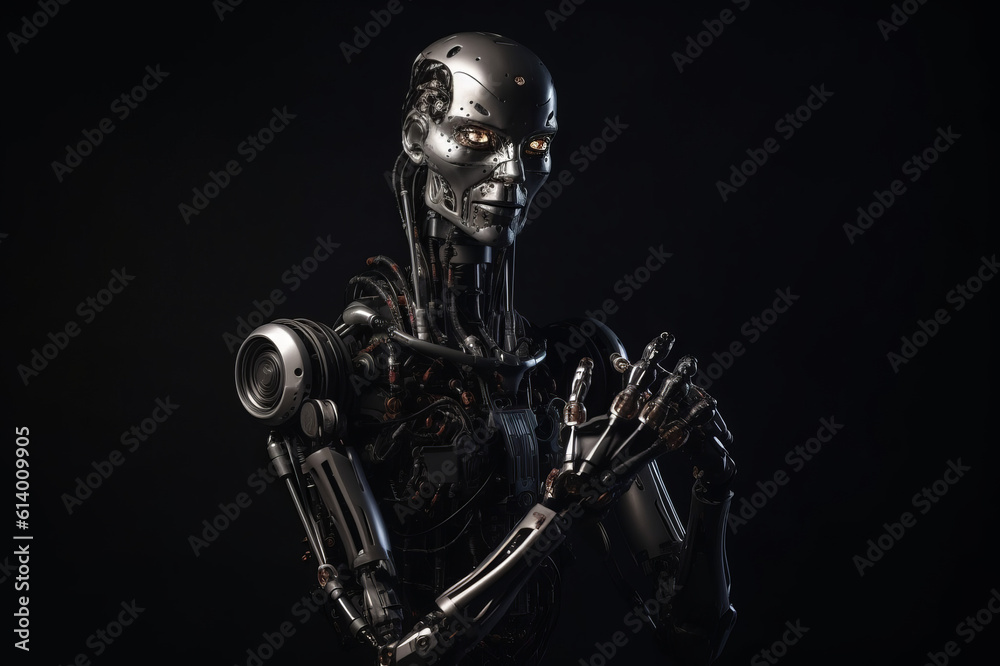 Photorealistic portrait of a humanoid cyborg robot on dark background. Generative AI illustration Photorealistic portrait of a humanoid cyborg robot on dark background. Generative AI illustration
