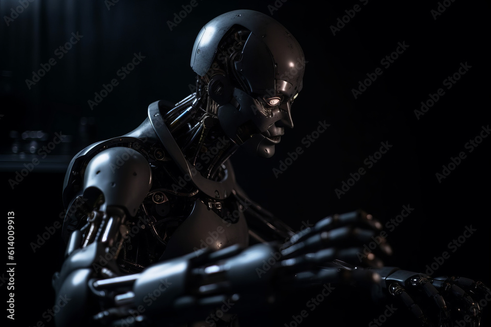 Naklejka premium Photorealistic portrait of a humanoid cyborg robot on dark background. Generative AI illustration
