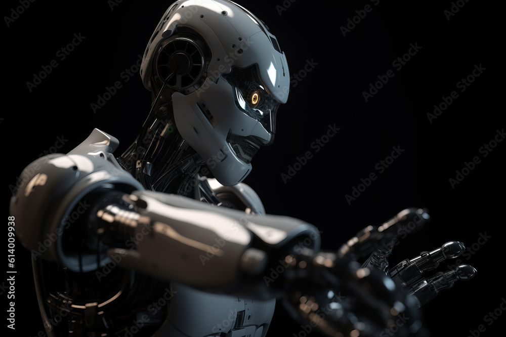 Fototapeta premium Photorealistic portrait of a humanoid cyborg robot on dark background. Generative AI illustration