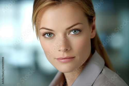 A close - up portrait of a confident businesswoman in a modern office setting. Generative AI
