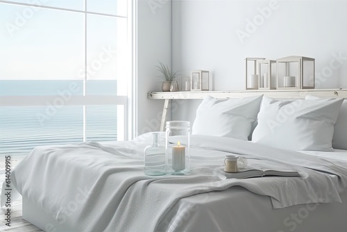 White architecture interior design, wooden table top or shelf with aromatic sticks bottles above blurring modern colored bedroom with double bed, bathroom, and panoramic window. Generative AI © Vusal