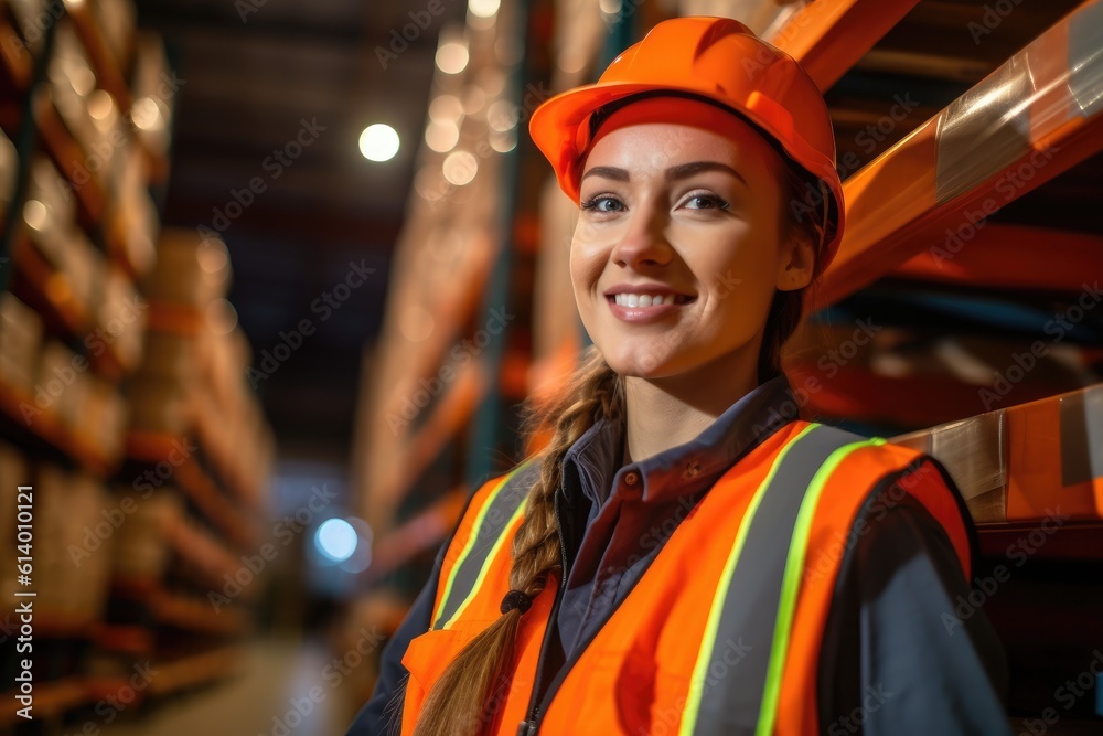 A close - up shot featuring a female cargo worker in a warehouse setting. Generative AI