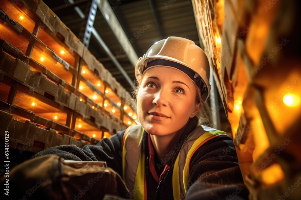 A close - up shot featuring a female cargo worker in a warehouse setting. Generative AI