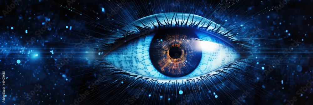 panoramic wallpaper of a stylized human eye with a digital network pattern, glowing against a dark background, representing ophthalmology panoramic wallpaper of a stylized human eye with a digital network pattern, glowing against a dark background, representing ophthalmology