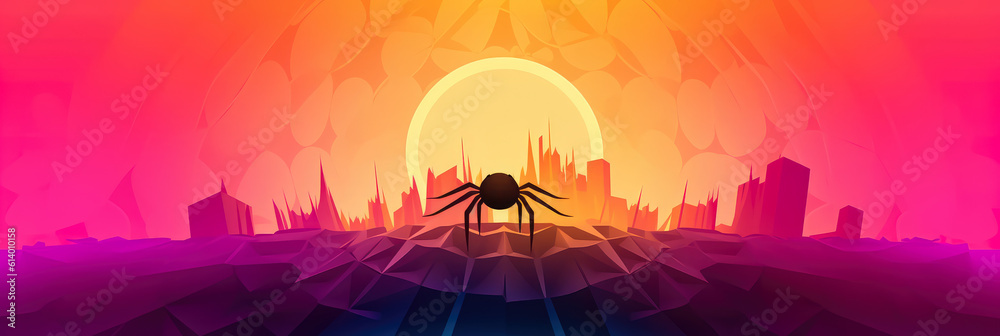 simplified panoramic wallpaper of a stylized bacteriophage virus against a vibrant gradient background, representing virology
