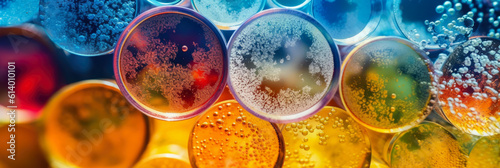 abstract panoramic wallpaper of a petri dish cultivating colorful bacterial colonies, symbolizing microbiology photo