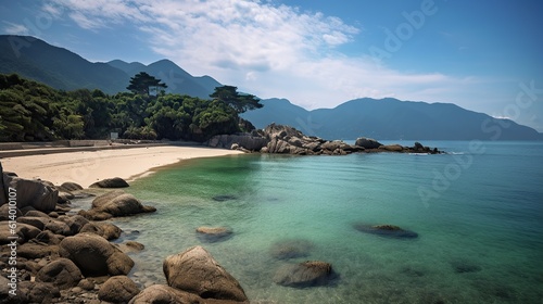 Mesmerizing scenery of a beautiful beach with blue sky in hong kong Generative AI
