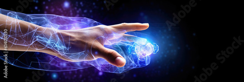 abstract panorama of a stylized human hand reaching out to a glowing digital interface, symbolizing telemedicine