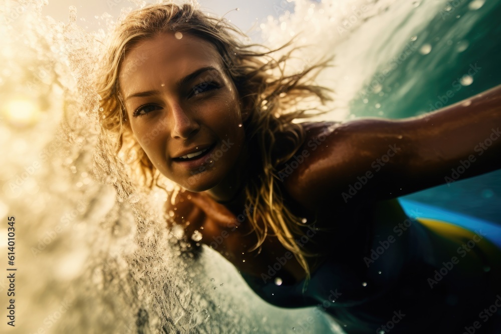 A photo of a female surfer surfing on a strong wave. Generative AI