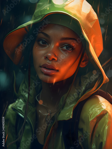 A urban, beautiful dark-skinned young girl with an olive-green raincoat in the rain