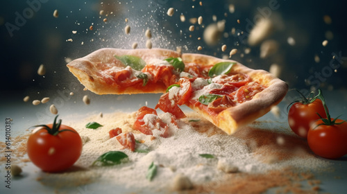 Pizza with tomatoes and exploding flour, panoramic ai art for cafe, realistic, high speed action, cute art, vibrant colors