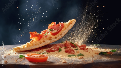 Pizza with tomatoes and exploding flour, panoramic ai art for cafe, realistic, high speed action, cute art, vibrant colors photo