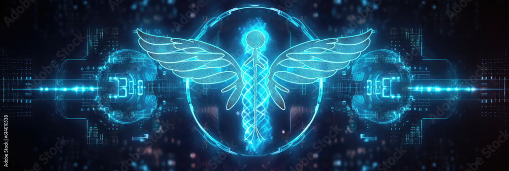 abstract panoramic wallpaper of a stylized caduceus symbol made from glowing digital nodes, against a dark background, symbolizing digital health